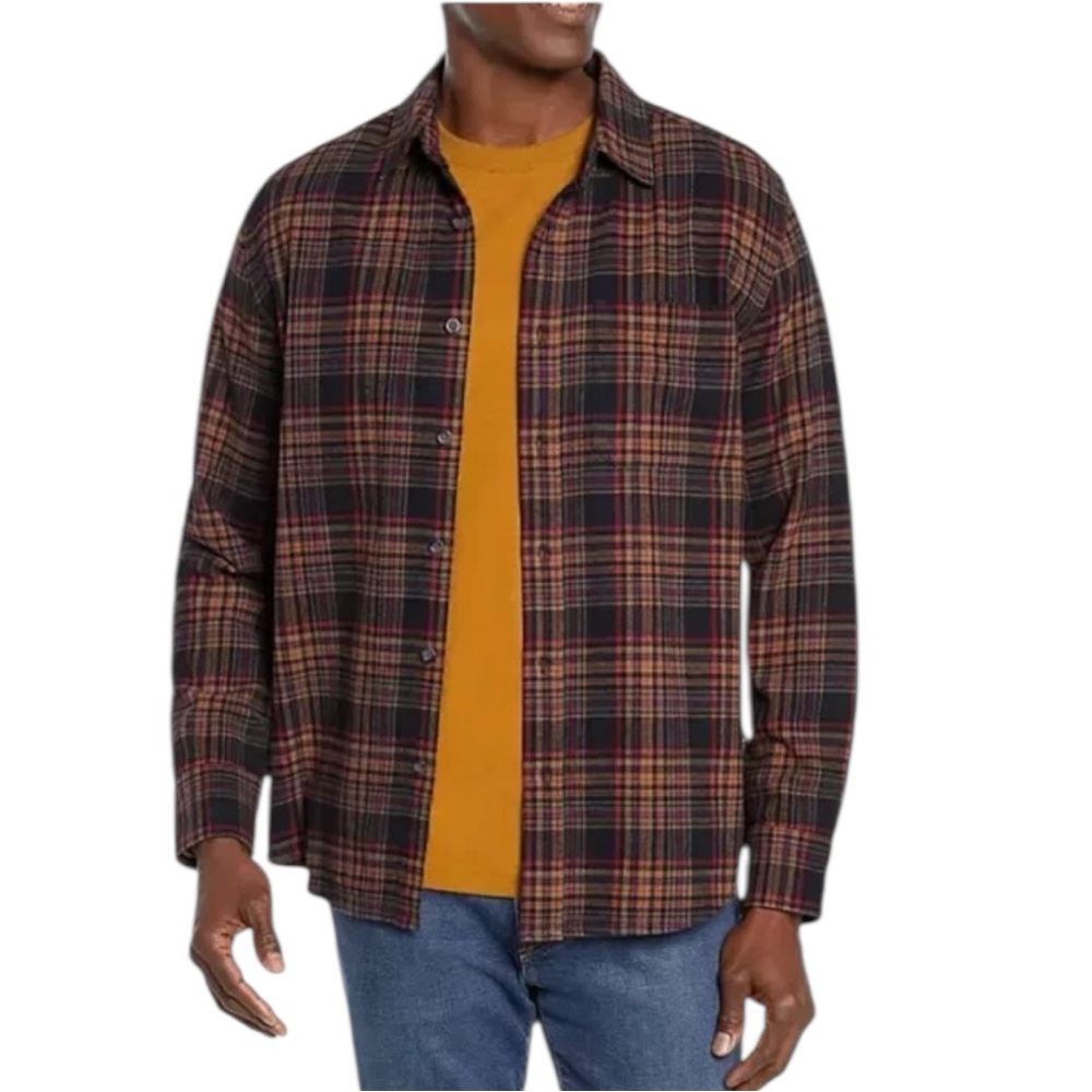 Eddie Bauer Men's Plaid Button-Down Shirt Jacket in Black and Brown Plaid